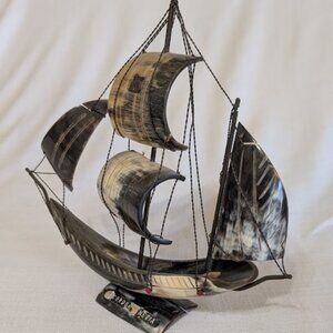 SAILBOAT Made Of Animal Horn - 2 Masts, 4 Sails, Handcarved